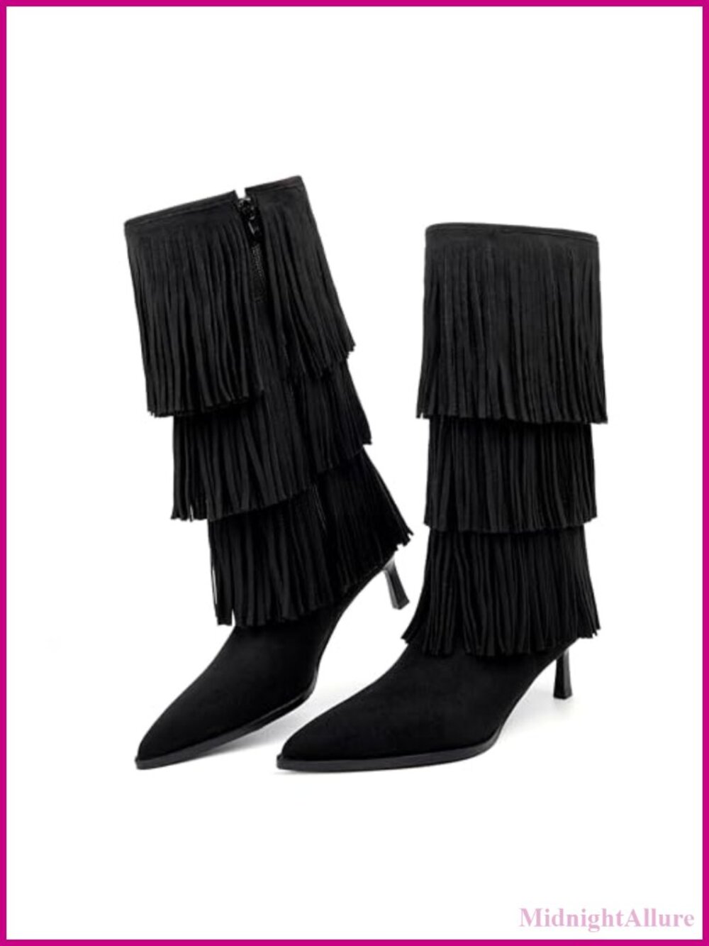 Suede Fringe Kitten Heel Pointed Toe Mid-Calf Boots Pull-On Western